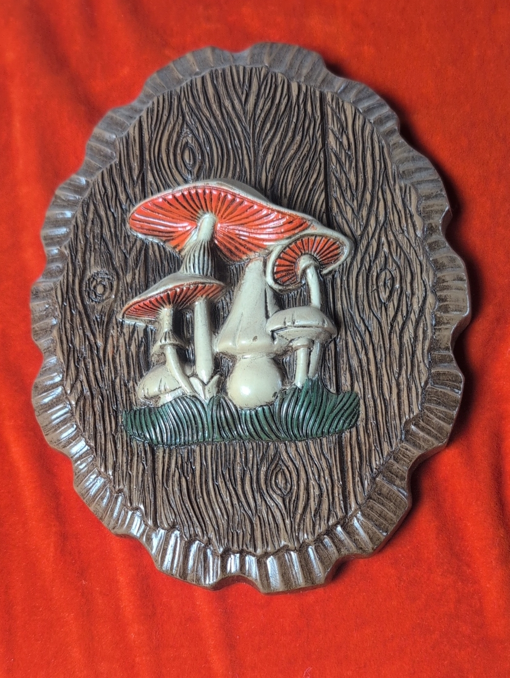 Vintage 1970s Mushroom Wall Decor! Faux Wood Orange Green Brown Boho